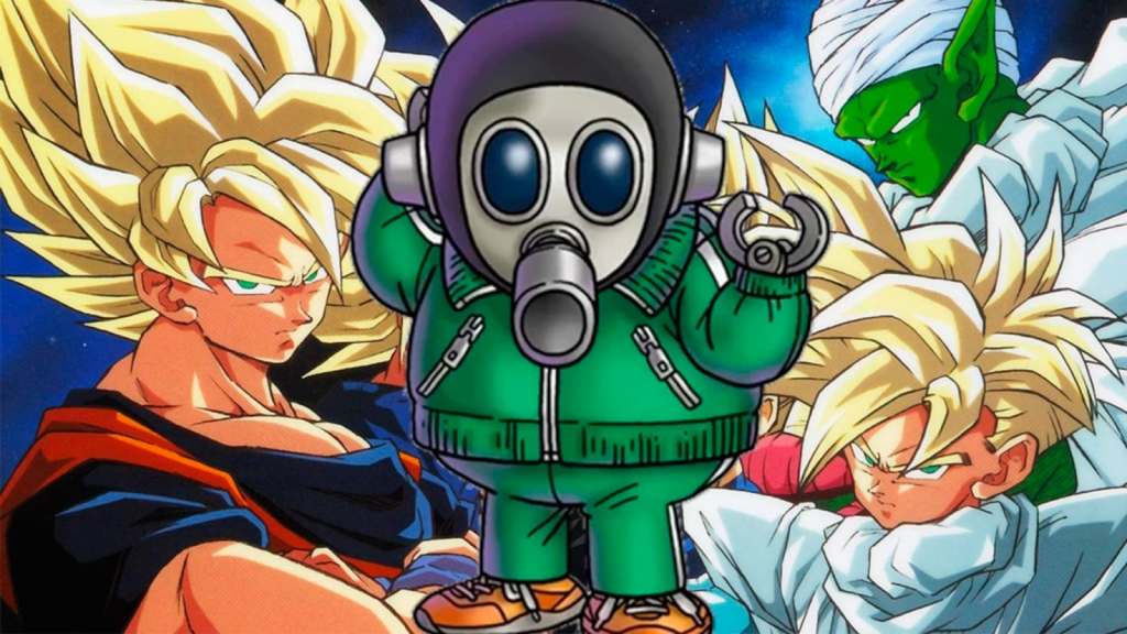 Un personnage animé avec un masque à gaz au centre, entouré de personnages de style manga avec des cheveux blonds et une peau verte, dans un fond coloré.